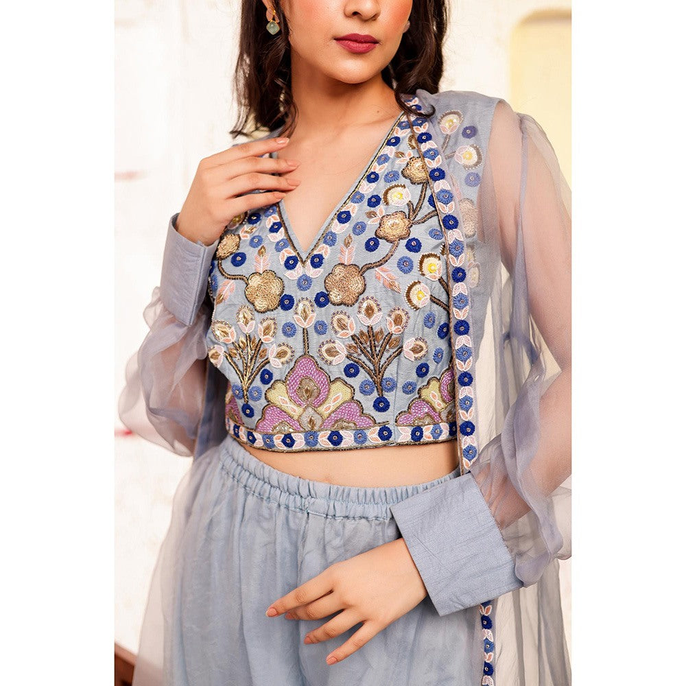 Firann By Shaheen Purple Crop Top with Sharara and Cape (Set of 3)