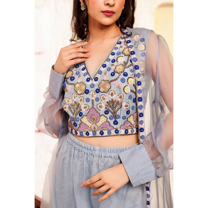 Firann By Shaheen Purple Crop Top with Sharara and Cape (Set of 3)