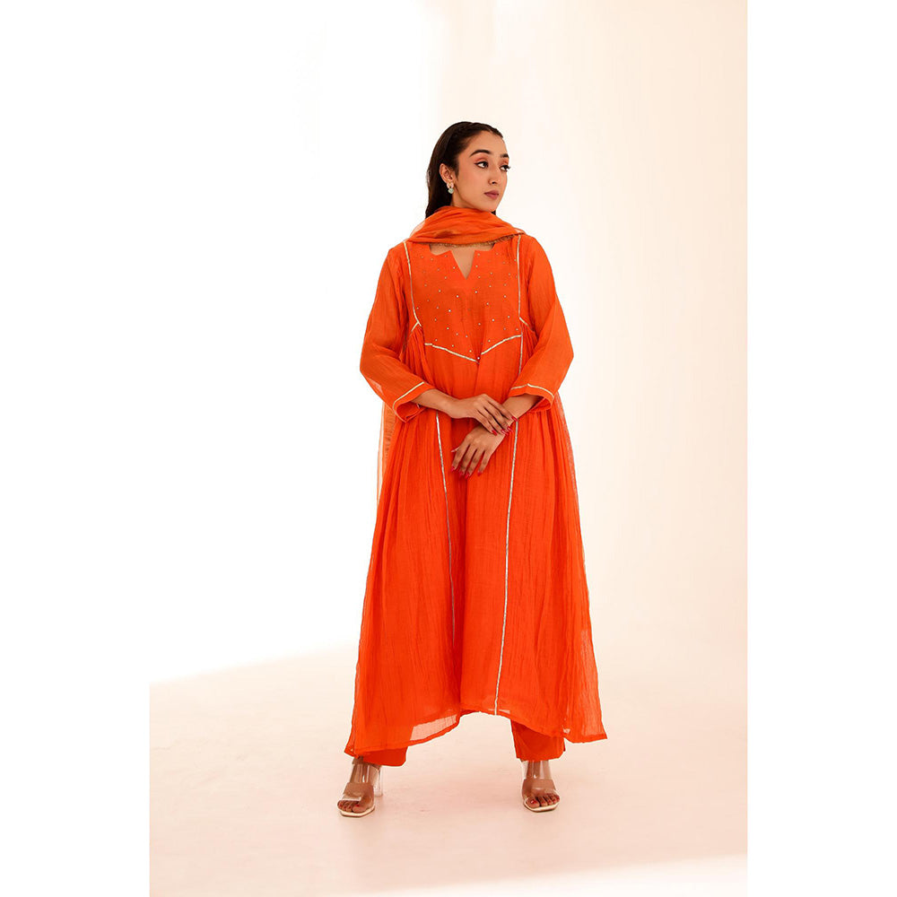 Firann By Shaheen Orange Anarkali with Pant and Dupatta (Set of 3)