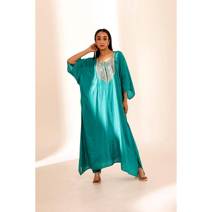 Firann By Shaheen Green Kaftan with Pant (Set of 2)