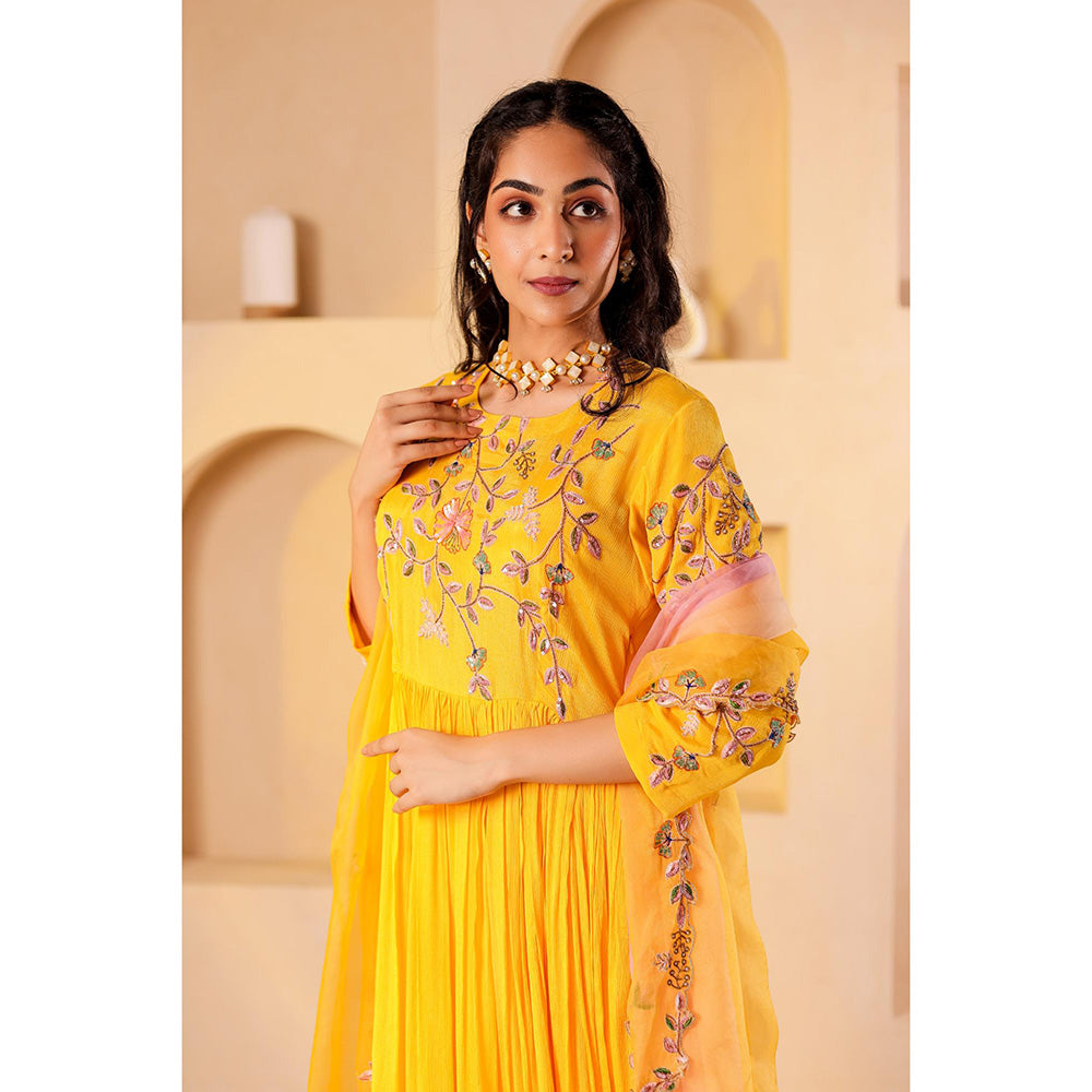 Firann By Shaheen Yellow Anarkali with Churidar and Dupatta (Set of 3)