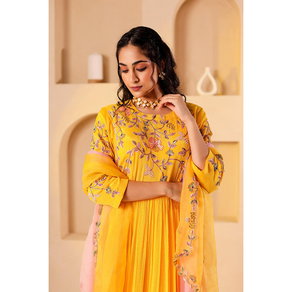 Firann By Shaheen Yellow Anarkali with Churidar and Dupatta (Set of 3)