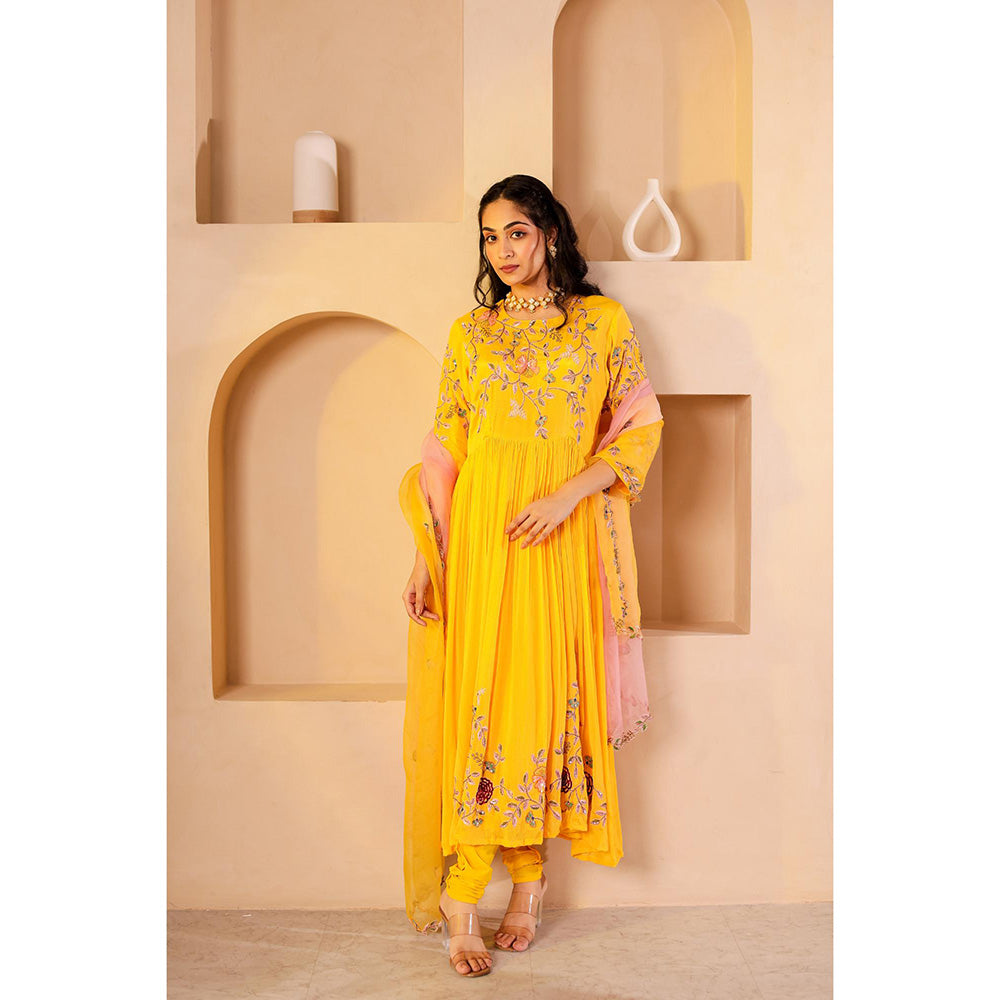 Firann By Shaheen Yellow Anarkali with Churidar and Dupatta (Set of 3)