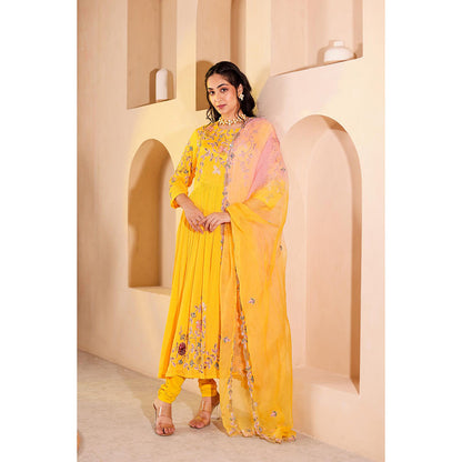 Firann By Shaheen Yellow Anarkali with Churidar and Dupatta (Set of 3)