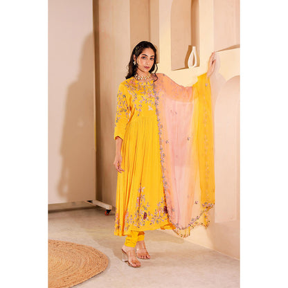 Firann By Shaheen Yellow Anarkali with Churidar and Dupatta (Set of 3)