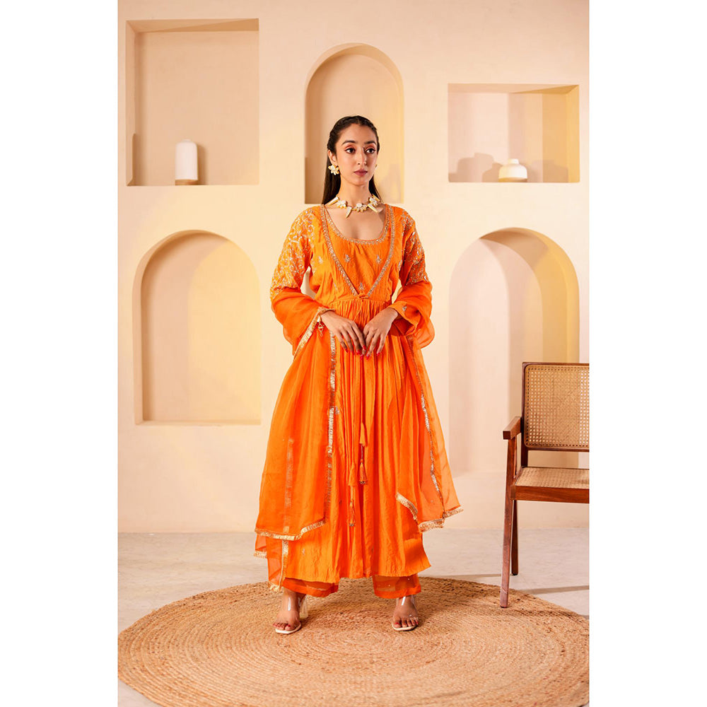 Firann By Shaheen Orange Anarkali with Palazzo and Dupatta (Set of 3)