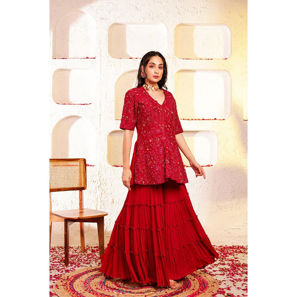 Firann By Shaheen Red Peplum Top with Sharara (Set of 2)