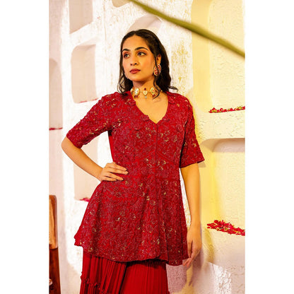 Firann By Shaheen Red Peplum Top with Sharara (Set of 2)