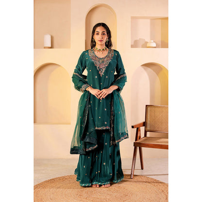 Firann By Shaheen Green Short Kurta with Palazzo and Dupatta (Set of 3)
