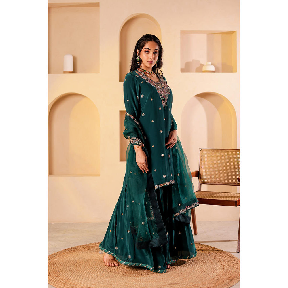 Firann By Shaheen Green Short Kurta with Palazzo and Dupatta (Set of 3)