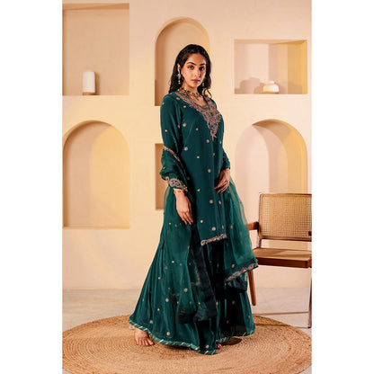 Firann By Shaheen Green Short Kurta with Palazzo and Dupatta (Set of 3)