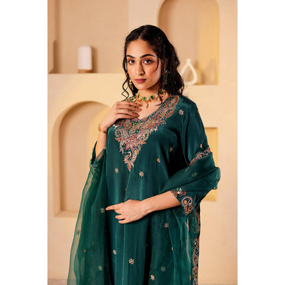 Firann By Shaheen Green Short Kurta with Palazzo and Dupatta (Set of 3)