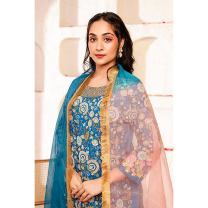 Firann By Shaheen Blue Short Kurta and Palazzo and Dupatta (Set of 3)