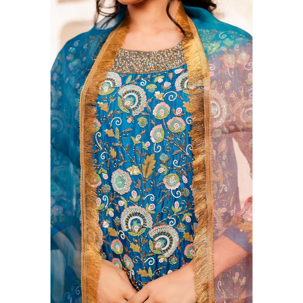 Firann By Shaheen Blue Short Kurta and Palazzo and Dupatta (Set of 3)