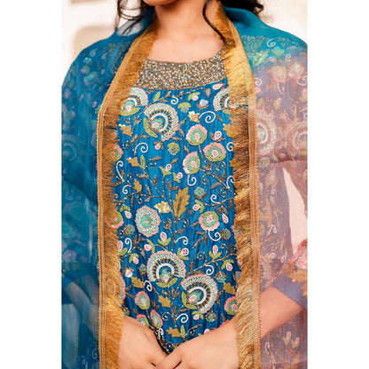 Firann By Shaheen Blue Short Kurta and Palazzo and Dupatta (Set of 3)