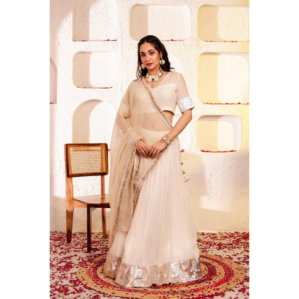 Firann By Shaheen White Lehenga with Blouse and Dupatta (Set of 3)