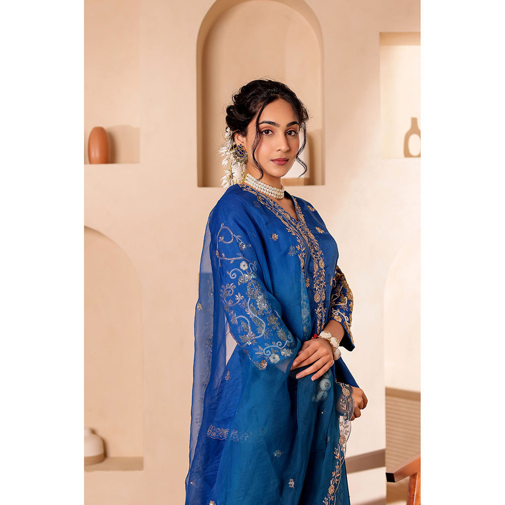 Firann By Shaheen Blue Lehenga with Peplum Top and Dupatta (Set of 3)