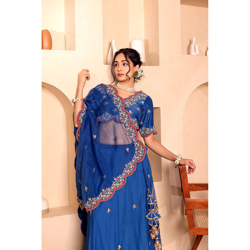 Firann By Shaheen Blue Lehenga with Blouse and Dupatta (Set of 3)