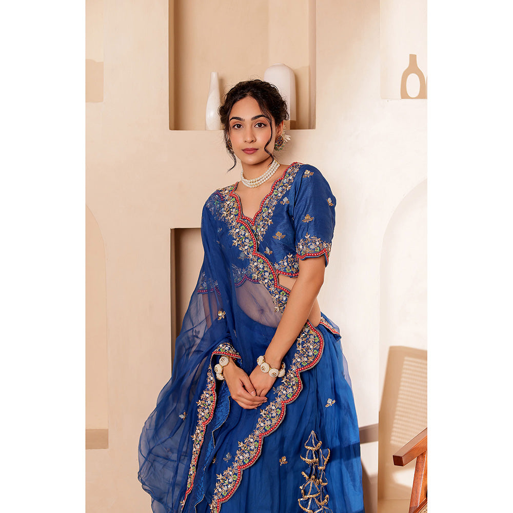 Firann By Shaheen Blue Lehenga with Blouse and Dupatta (Set of 3)