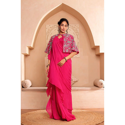 Firann By Shaheen Pink Pre-Draped Saree with Stitched Blouse and Cape