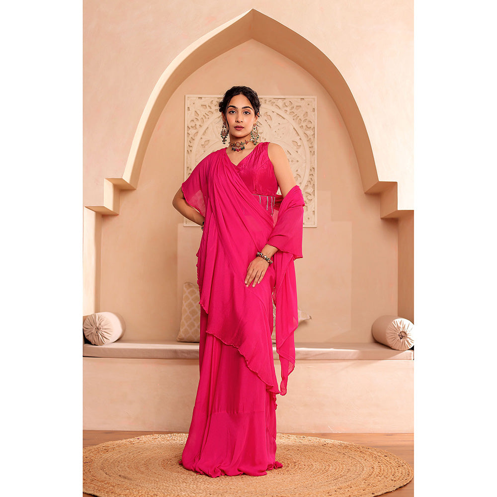 Firann By Shaheen Pink Pre-Draped Saree with Stitched Blouse and Cape