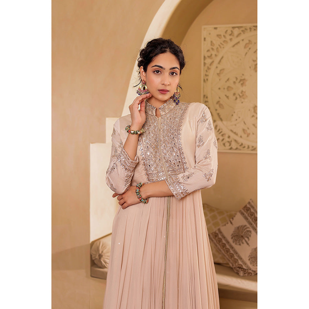Firann By Shaheen Beige Indo Western Anarkali Kurta with Lehenga (Set of 2)
