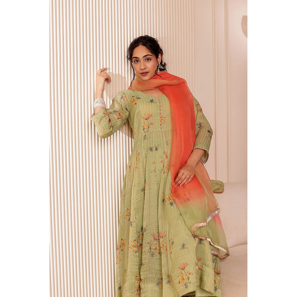 Firann By Shaheen Green Anarkali with Pant and Dupatta (Set of 3)
