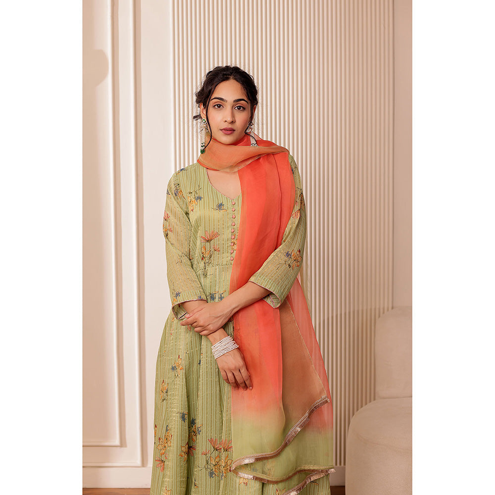 Firann By Shaheen Green Anarkali with Pant and Dupatta (Set of 3)