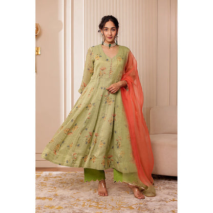 Firann By Shaheen Green Anarkali with Pant and Dupatta (Set of 3)