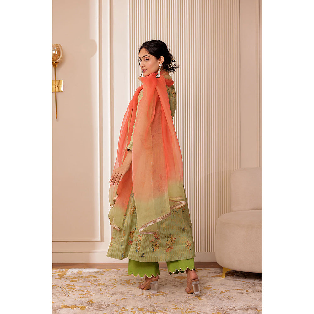 Firann By Shaheen Green Anarkali with Pant and Dupatta (Set of 3)