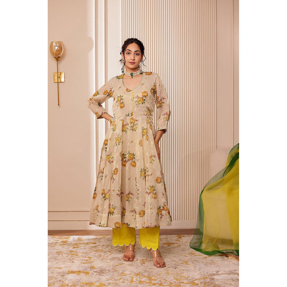 Firann By Shaheen Beige Anarkali with Pant and Dupatta (Set of 3)