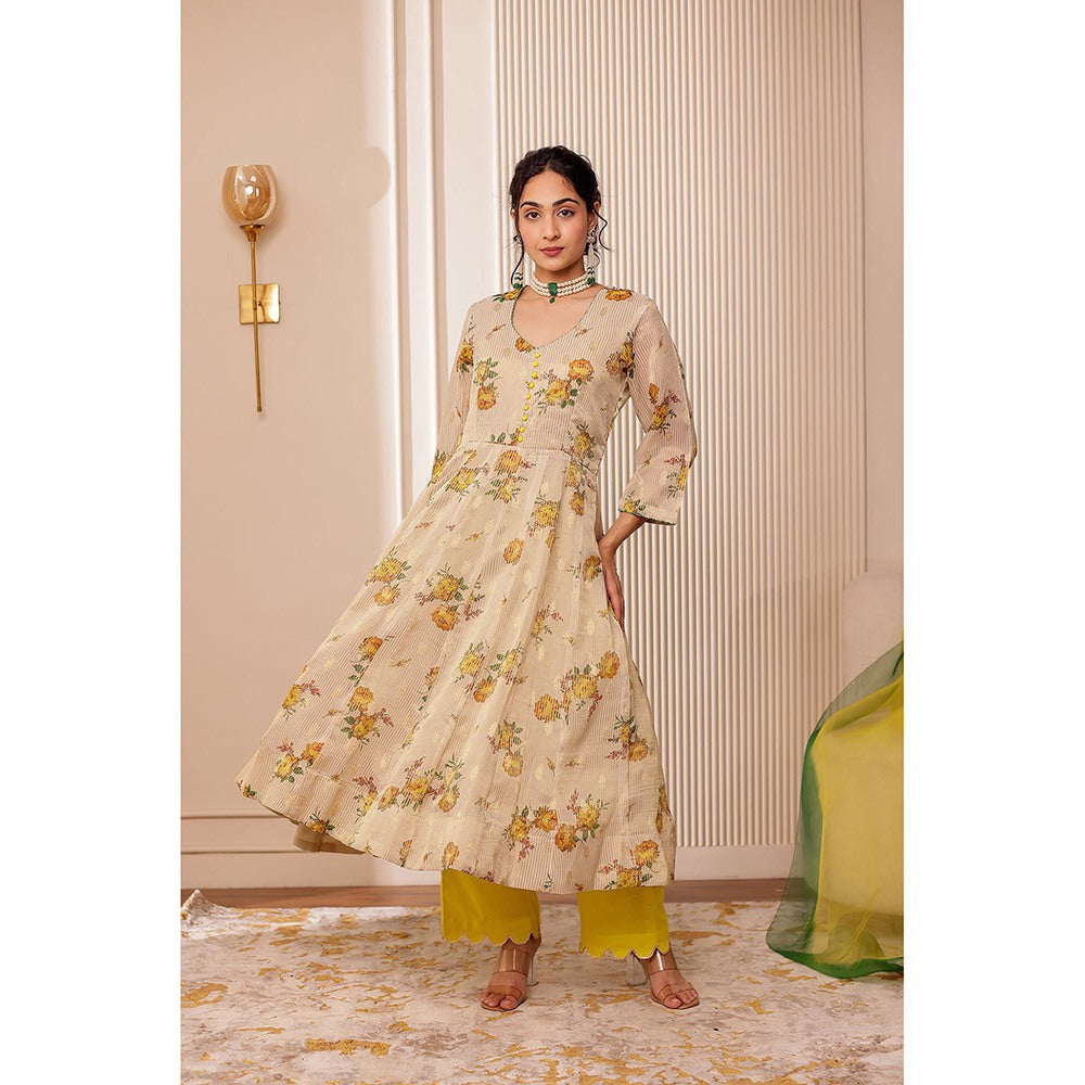 Firann By Shaheen Beige Anarkali with Pant and Dupatta (Set of 3)