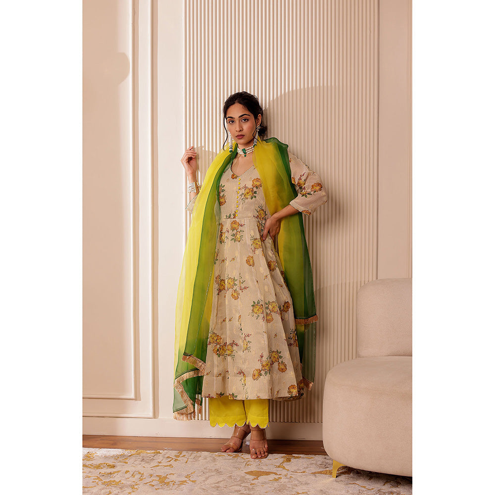 Firann By Shaheen Beige Anarkali with Pant and Dupatta (Set of 3)