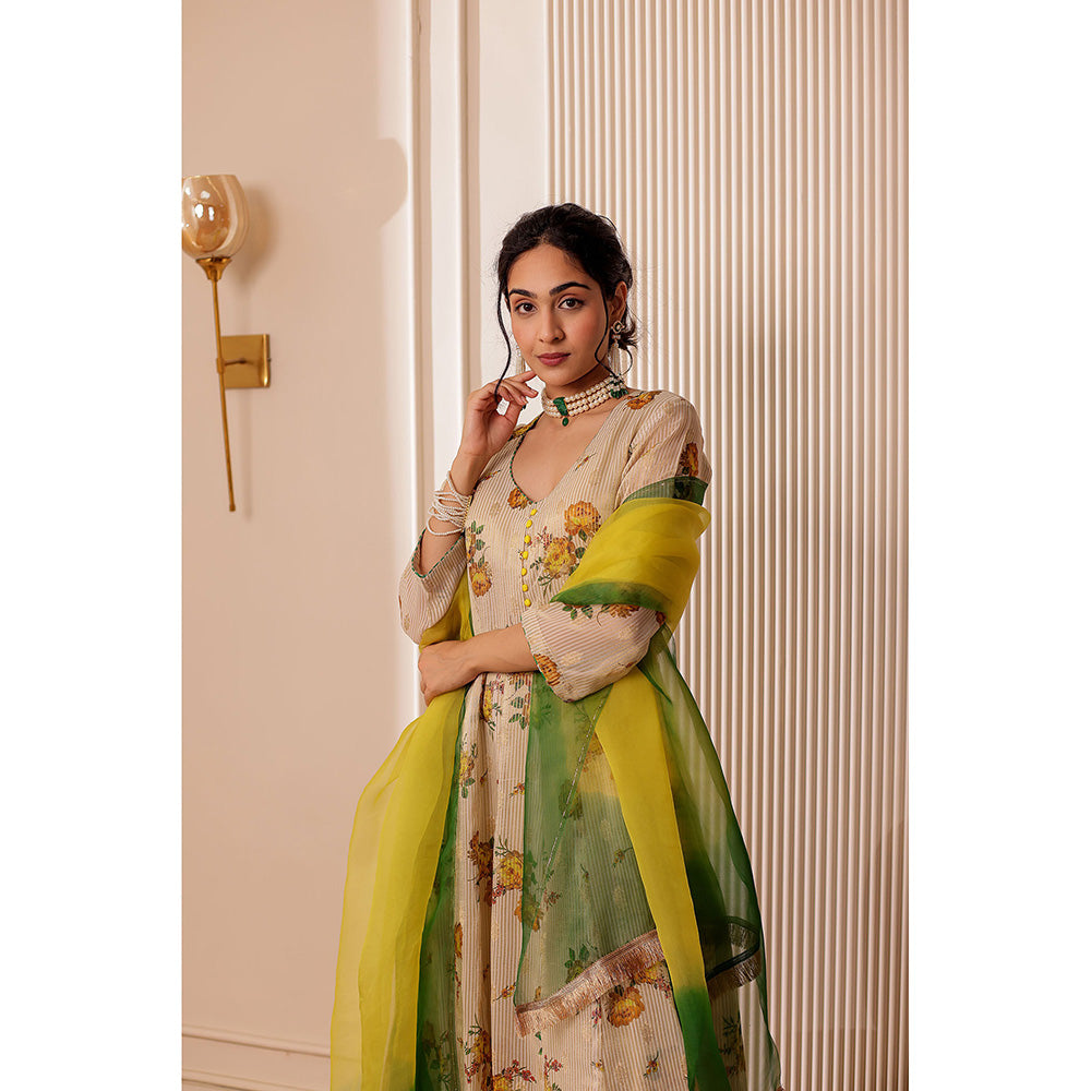 Firann By Shaheen Beige Anarkali with Pant and Dupatta (Set of 3)
