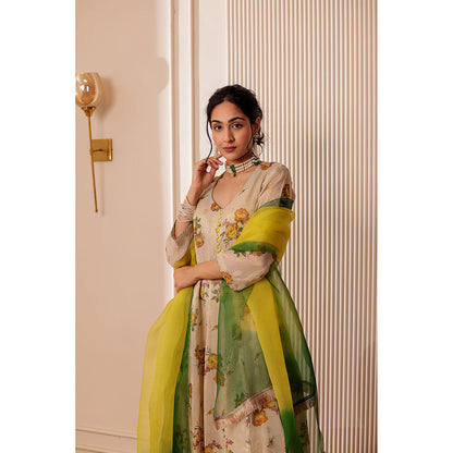 Firann By Shaheen Beige Anarkali with Pant and Dupatta (Set of 3)