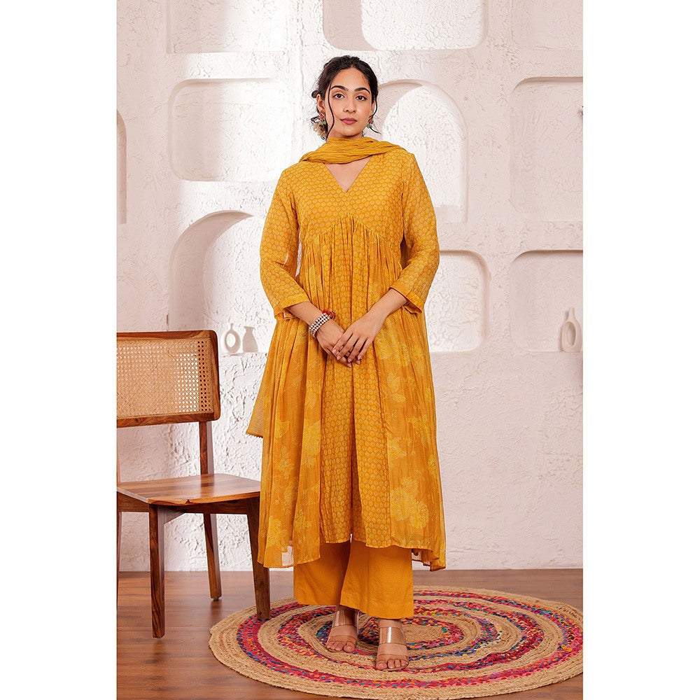 Firann By Shaheen Mustard Anarkali with Palazzo and Dupatta (Set of 3)