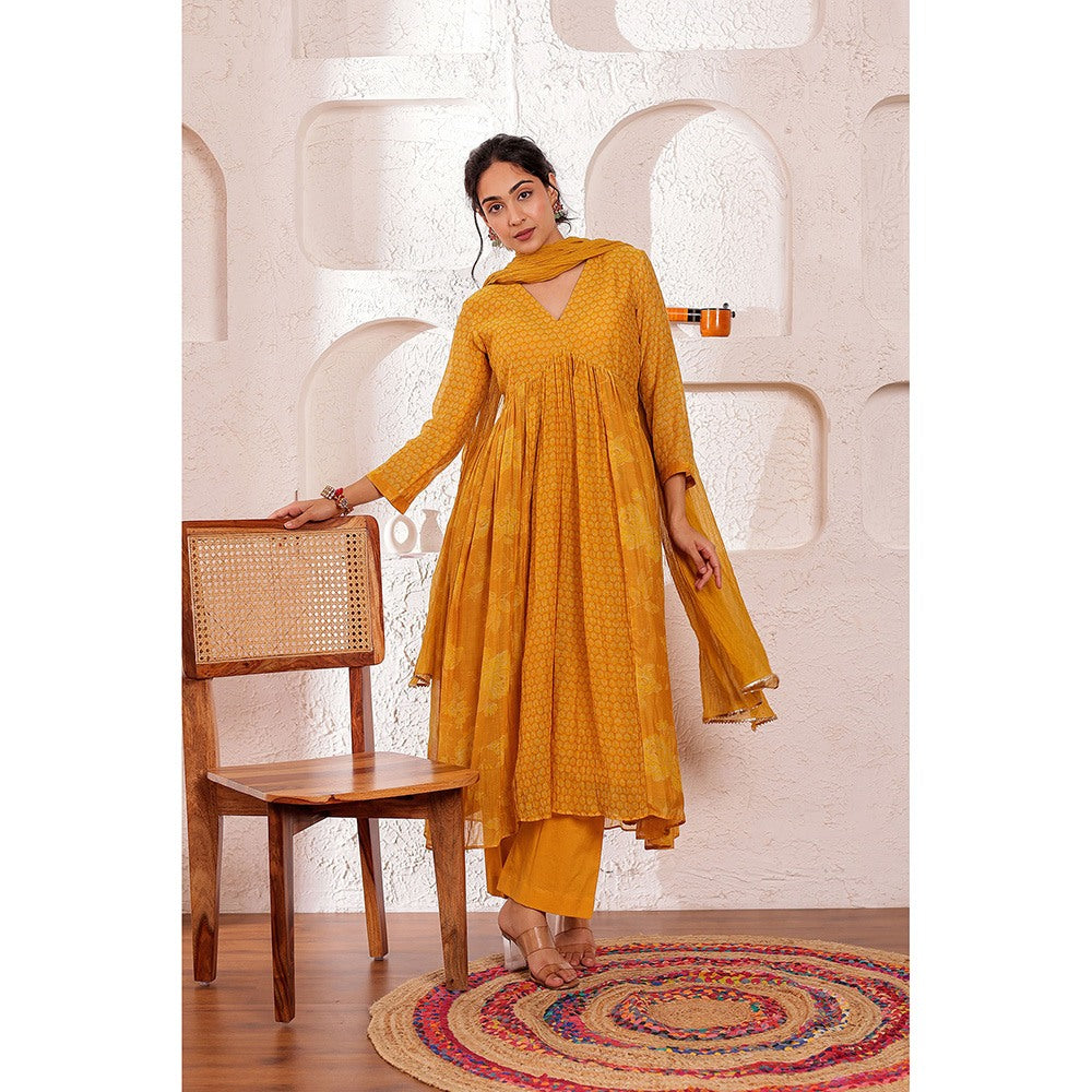 Firann By Shaheen Mustard Anarkali with Palazzo and Dupatta (Set of 3)