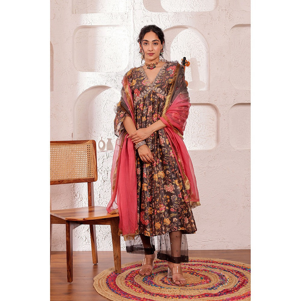 Firann By Shaheen Grey Anarkali with Palazzo and Dupatta (Set of 3)