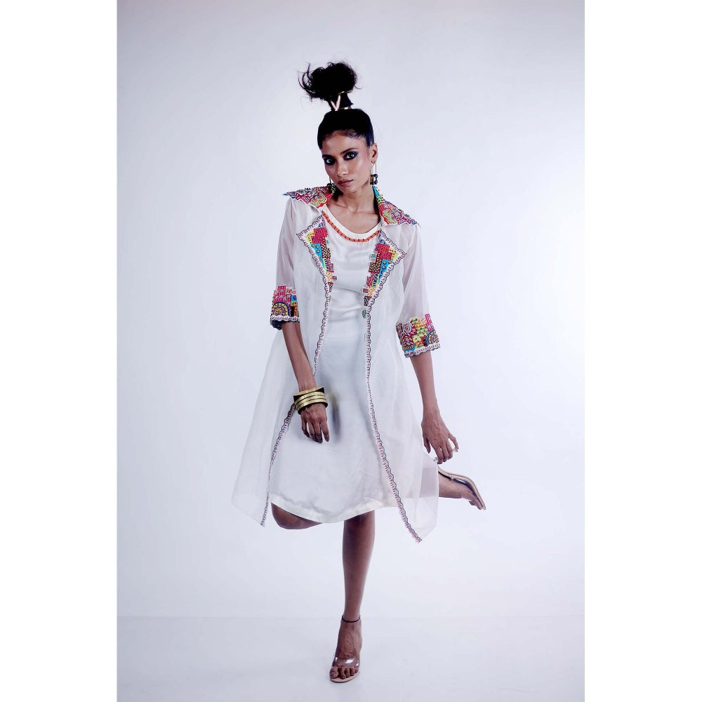 Firki by Sweta White Brooke Dress with Jacket (Set of 2)