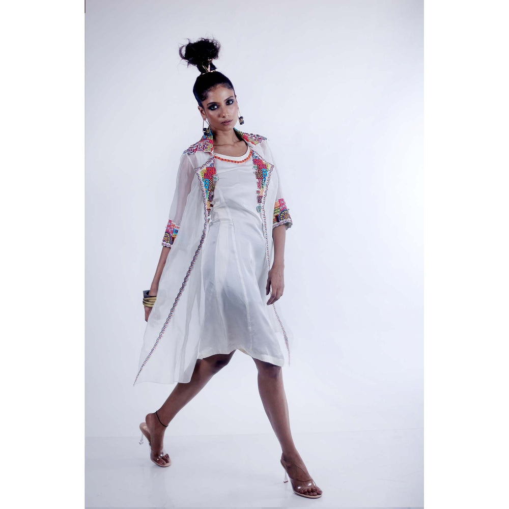 Firki by Sweta White Brooke Dress with Jacket (Set of 2)