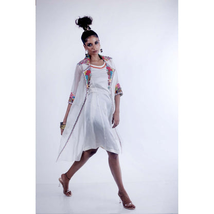 Firki by Sweta White Brooke Dress with Jacket (Set of 2)