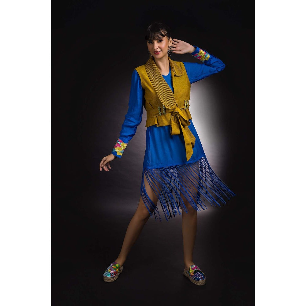 Firki by Sweta Blue Fringe Jacket with Dress (Set of 2)