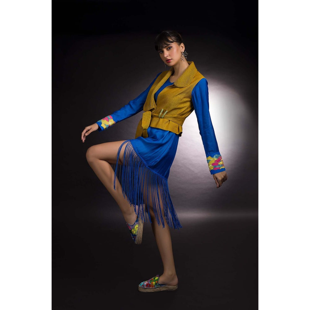 Firki by Sweta Blue Fringe Jacket with Dress (Set of 2)