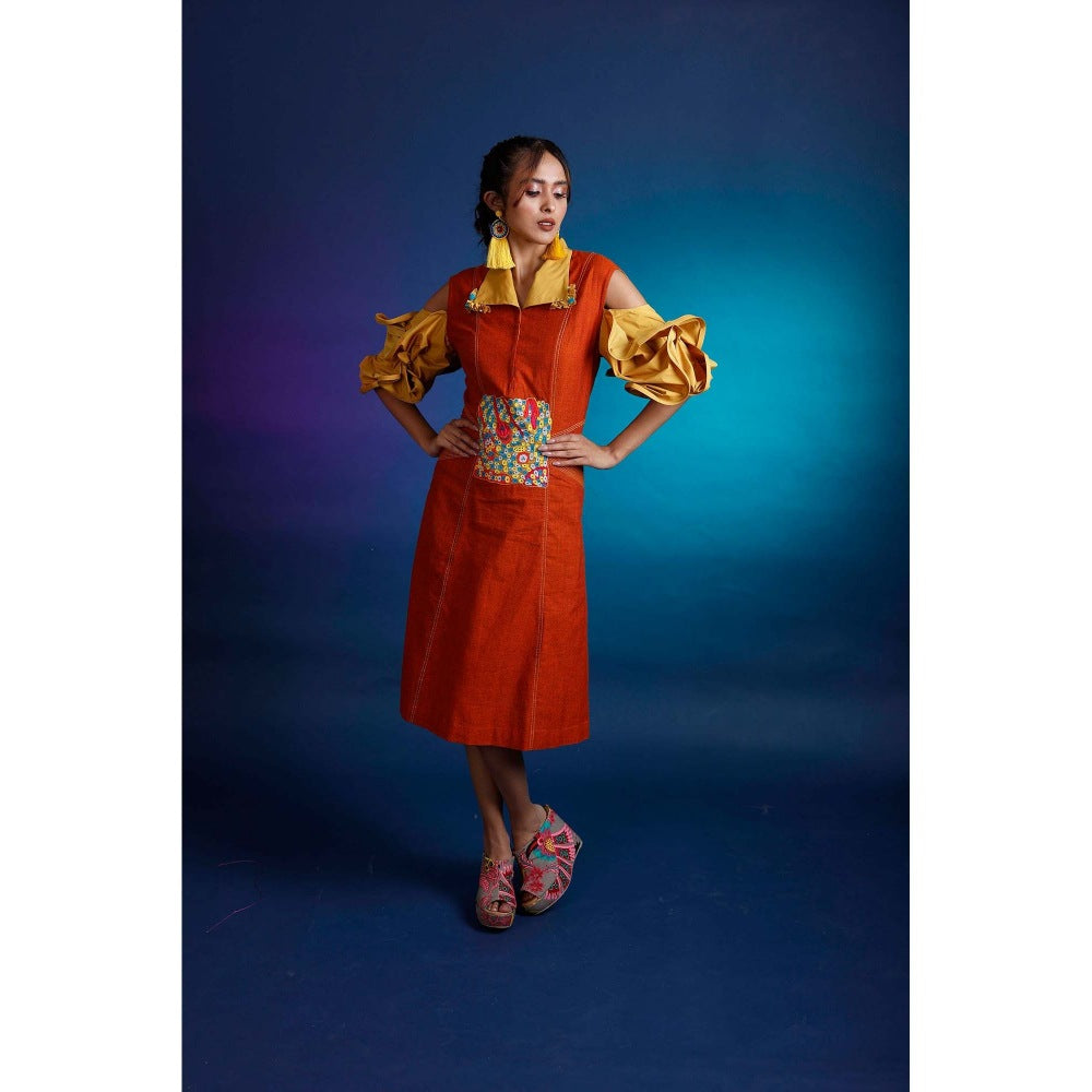 Firki by Sweta Rust Ruffled Panelled Dress