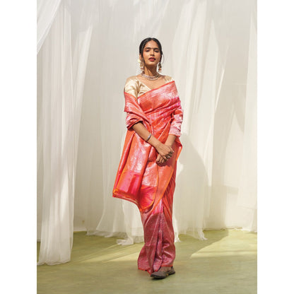 Five Point Five Pink Woven Zari Saree with Unstitched Blouse