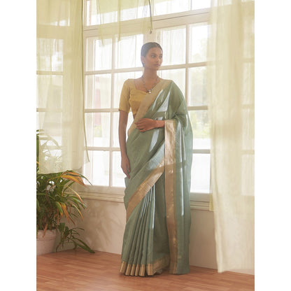 Five Point Five Green Zari Stripes Woven Saree with Unstitched Blouse