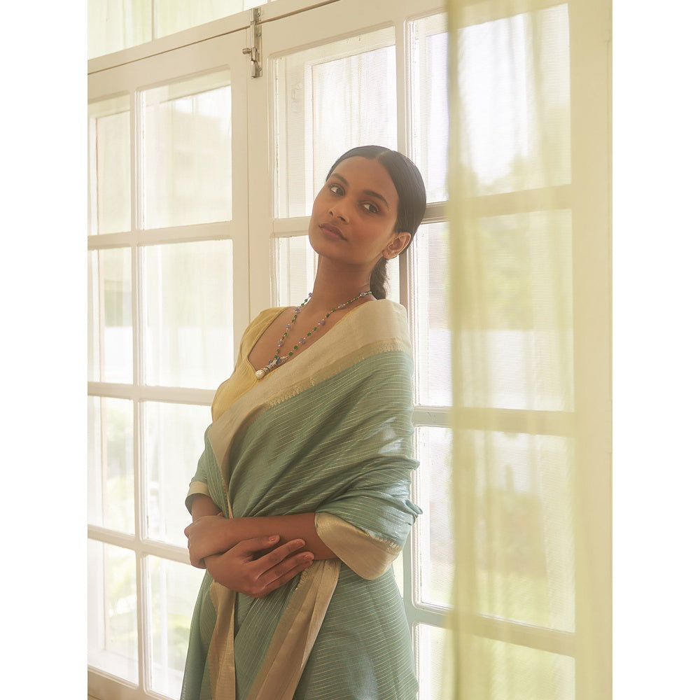 Five Point Five Green Zari Stripes Woven Saree with Unstitched Blouse