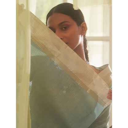 Five Point Five Green Zari Stripes Woven Saree with Unstitched Blouse
