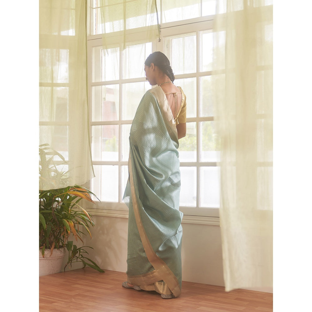 Five Point Five Green Zari Stripes Woven Saree with Unstitched Blouse