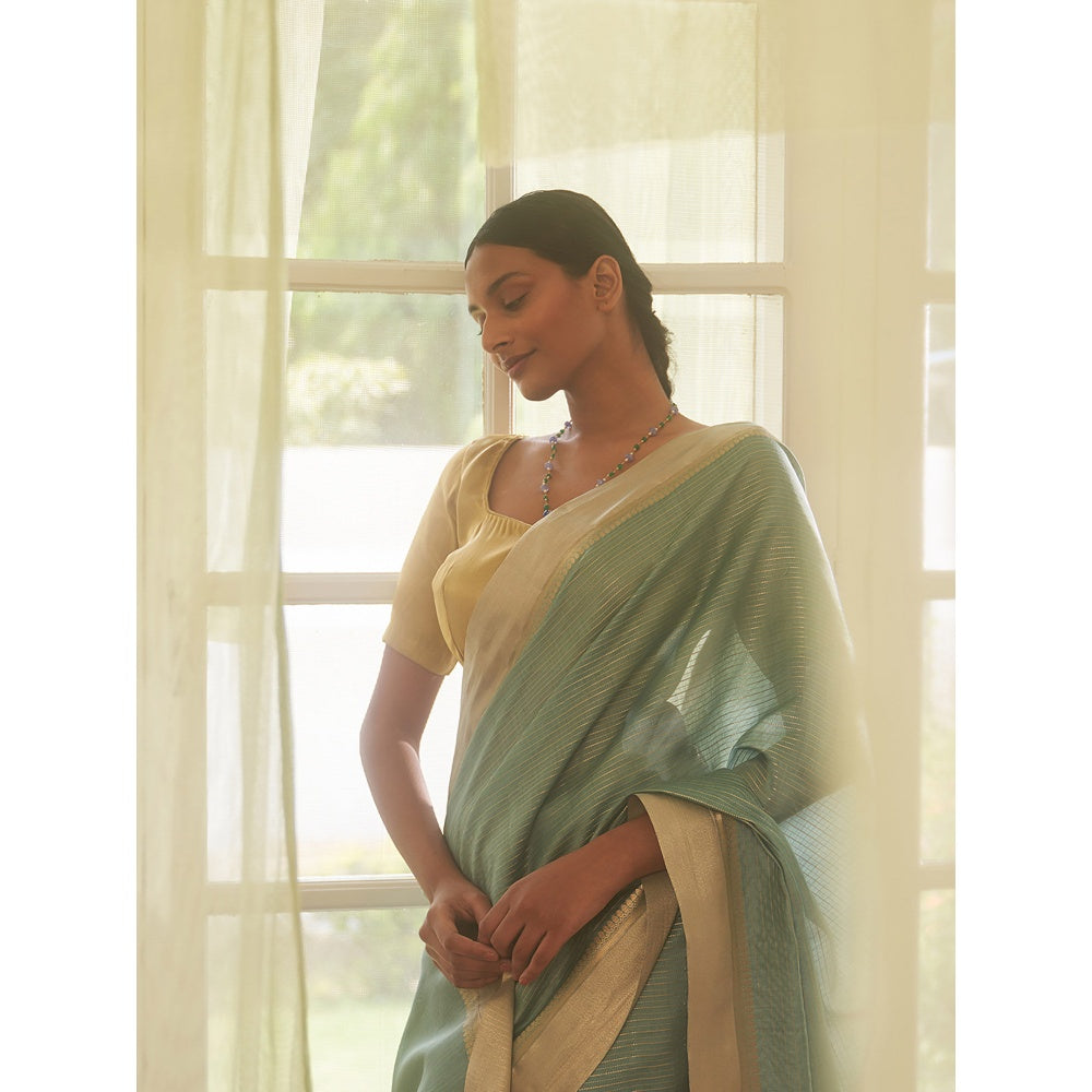 Five Point Five Green Zari Stripes Woven Saree with Unstitched Blouse